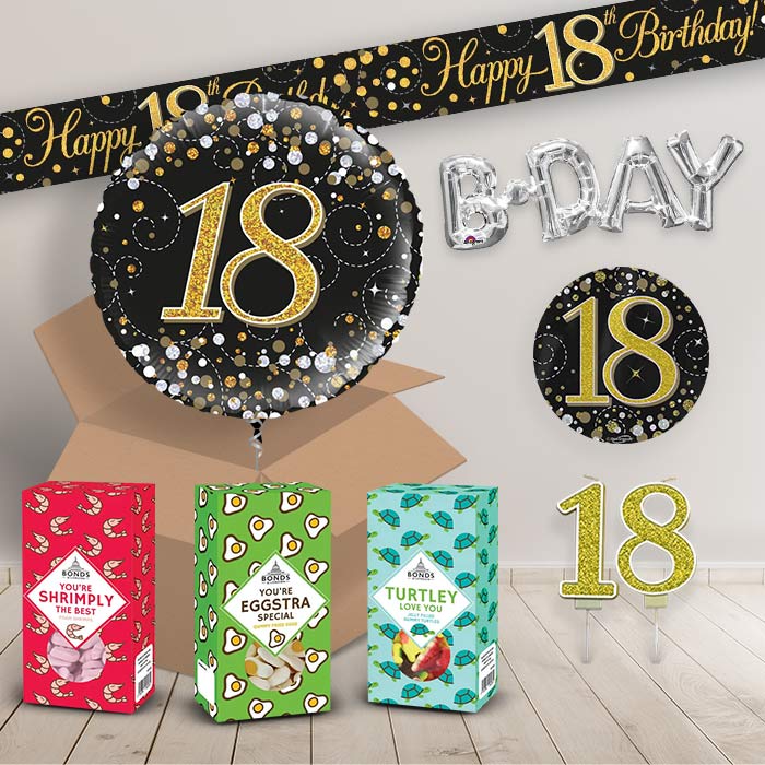 18th Birthday in a Box Package includes Sweets, Black and Gold Balloon and Decorations image 2